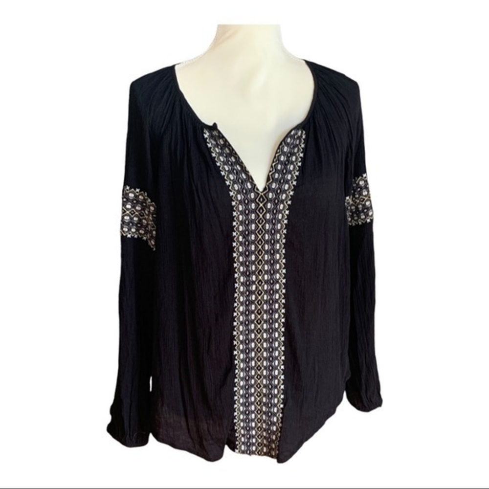 Lucky Brand black gauze long sleeve with‎ embroidered v-neckline size M